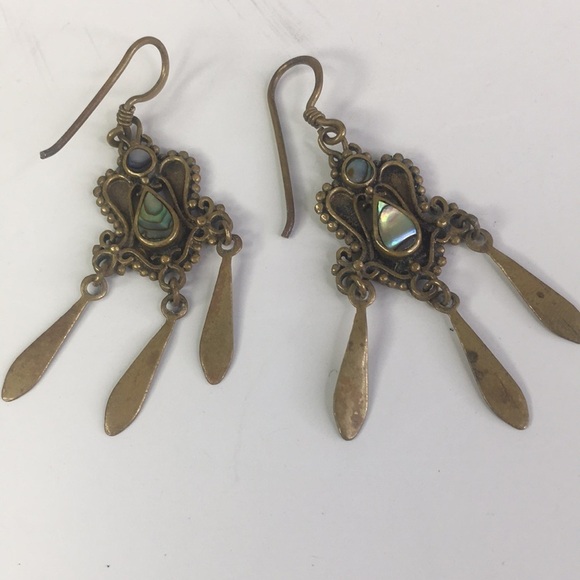 Vintage Artisan 70's Brass Abalone Chandelier Earrings Dangles - Picture 1 of 6